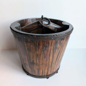 Antique Heavy Chinese Wooden Rice or Water Bucket Primitive Folk Art